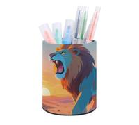 HETVBNS Lions in The Desert Pen Holder for Desk PU Leather Round Desk Organizer Multifunctional Makeup Brush Storage Aesthetic Desktop Supplies Stylish Pencil Holder for Office & Home