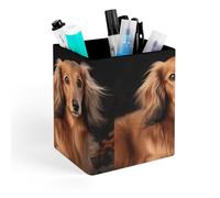 HETVBNS Long Haired Dachshund Pen Holder for Desk - PU Leather Square Desk Organizer Travel Makeup Brush Storage Stylish Pencil Holder Desktop Stationery Organizer for Office & Home