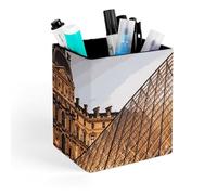 HETVBNS Louvre Museum in Paris Pen Holder for Desk - PU Leather Square Desk Organizer Travel Makeup Brush Storage Stylish Pencil Holder Desktop Stationery Organizer for Office & Home