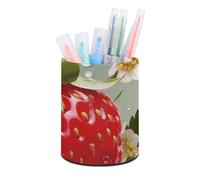 HETVBNS Lovely Strawberry Pen Holder for Desk PU Leather Round Desk Organizer Multifunctional Makeup Brush Storage Aesthetic Desktop Supplies Stylish Pencil Holder for Office & Home