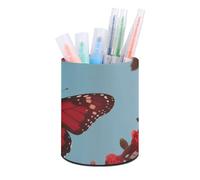 HETVBNS Lover's Red Butterfly Pen Holder for Desk PU Leather Round Desk Organizer Multifunctional Makeup Brush Storage Aesthetic Desktop Supplies Stylish Pencil Holder for Office & Home