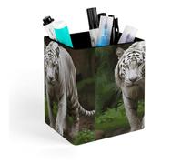 HETVBNS Majestic White Bengal Tiger Pen Holder for Desk - PU Leather Square Desk Organizer Travel Makeup Brush Storage Stylish Pencil Holder Desktop Stationery Organizer for Office & Home