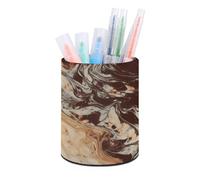 HETVBNS Marble Mixed Brown Pen Holder for Desk PU Leather Round Desk Organizer Multifunctional Makeup Brush Storage Aesthetic Desktop Supplies Stylish Pencil Holder for Office & Home