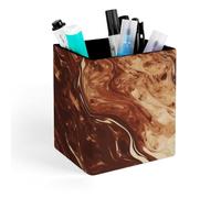 HETVBNS Marble Mixed Brown Pen Holder for Desk - PU Leather Square Desk Organizer Travel Makeup Brush Storage Stylish Pencil Holder Desktop Stationery Organizer for Office & Home