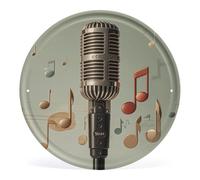 HETVBNS Microphone with Music Note Wall Picture Circular Iron Hanging Picture Round Metal Tin Sign Wall Art Prints Wall Photo Frame for Bedroom Living Room Bathroom Decor