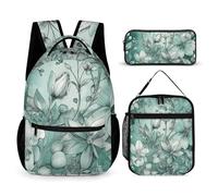 HETVBNS Mint Green Floral Backpack Set 3 Piece, Durable Backpack Insulated Lunch Bag Portable Pencil Case for Men Women