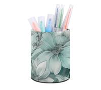 HETVBNS Mint Green Floral Pen Holder for Desk PU Leather Round Desk Organizer Multifunctional Makeup Brush Storage Aesthetic Desktop Supplies Stylish Pencil Holder for Office & Home