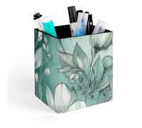 HETVBNS Mint Green Floral Pen Holder for Desk - PU Leather Square Desk Organizer Travel Makeup Brush Storage Stylish Pencil Holder Desktop Stationery Organizer for Office & Home