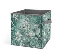 HETVBNS Mint Green Floral Storage Bins 10.6 Inch, Oxford Fabric Foldable Storage Cube Organizer Basket with Handles, Fabric Bins for Closet Shelves, Toys, Clothes, Books, Bedroom