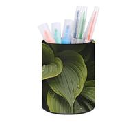 HETVBNS Moist Hosta Leaves Pen Holder for Desk PU Leather Round Desk Organizer Multifunctional Makeup Brush Storage Aesthetic Desktop Supplies Stylish Pencil Holder for Office & Home