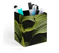 HETVBNS Moist Hosta Leaves Pen Holder for Desk - PU Leather Square Desk Organizer Travel Makeup Brush Storage Stylish Pencil Holder Desktop Stationery Organizer for Office & Home