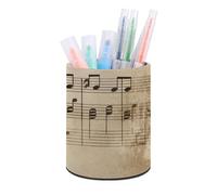 HETVBNS Music Notes on Old Paper Pen Holder for Desk PU Leather Round Desk Organizer Multifunctional Makeup Brush Storage Aesthetic Desktop Supplies Stylish Pencil Holder for Office & Home