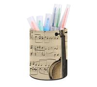 HETVBNS Music Notes Pen Holder for Desk PU Leather Round Desk Organizer Multifunctional Makeup Brush Storage Aesthetic Desktop Supplies Stylish Pencil Holder for Office & Home