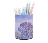 HETVBNS Nature Forest Mountain Pen Holder for Desk PU Leather Round Desk Organizer Multifunctional Makeup Brush Storage Aesthetic Desktop Supplies Stylish Pencil Holder for Office & Home