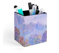 HETVBNS Nature Forest Mountain Pen Holder for Desk - PU Leather Square Desk Organizer Travel Makeup Brush Storage Stylish Pencil Holder Desktop Stationery Organizer for Office & Home