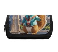 HETVBNS New York And Squirrel Pencil Case Extra Large, Double Layer Pencil Pouch with Zipper, Portable Cosmetic Bags for Travel, Office Stationery Organizer for Women Men