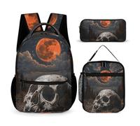 HETVBNS Night And Skull Backpack Set 3 Piece, Durable Backpack Insulated Lunch Bag Portable Pencil Case for Men Women