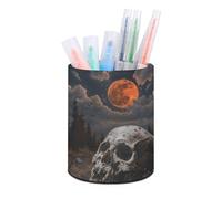 HETVBNS Night And Skull Pen Holder for Desk PU Leather Round Desk Organizer Multifunctional Makeup Brush Storage Aesthetic Desktop Supplies Stylish Pencil Holder for Office & Home