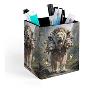 HETVBNS Nine Lions Pen Holder for Desk - PU Leather Square Desk Organizer Travel Makeup Brush Storage Stylish Pencil Holder Desktop Stationery Organizer for Office & Home