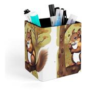 HETVBNS Nut-eating Squirrel Pen Holder for Desk - PU Leather Square Desk Organizer Travel Makeup Brush Storage Stylish Pencil Holder Desktop Stationery Organizer for Office & Home