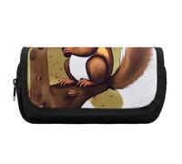 HETVBNS Nut-eating Squirrel Pencil Case Extra Large, Double Layer Pencil Pouch with Zipper, Portable Cosmetic Bags for Travel, Office Stationery Organizer for Women Men