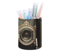 HETVBNS Old Camera Pen Holder for Desk PU Leather Round Desk Organizer Multifunctional Makeup Brush Storage Aesthetic Desktop Supplies Stylish Pencil Holder for Office & Home