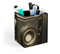 HETVBNS Old Camera Pen Holder for Desk - PU Leather Square Desk Organizer Travel Makeup Brush Storage Stylish Pencil Holder Desktop Stationery Organizer for Office & Home