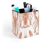 HETVBNS Orange Shrimp Pattern Pen Holder for Desk - PU Leather Square Desk Organizer Travel Makeup Brush Storage Stylish Pencil Holder Desktop Stationery Organizer for Office & Home