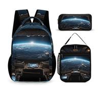 HETVBNS Outer Space Views from The Spaceship Backpack Set 3 Piece, Durable Backpack Insulated Lunch Bag Portable Pencil Case for Men Women