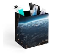 HETVBNS Outer Space Views from The Spaceship Pen Holder for Desk - PU Leather Square Desk Organizer Travel Makeup Brush Storage Stylish Pencil Holder Desktop Stationery Organizer for Office & Home
