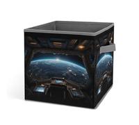 HETVBNS Outer Space Views from The Spaceship Storage Bins 10.6 Inch, Oxford Fabric Foldable Storage Cube Organizer Basket with Handles, Fabric Bins for Closet Shelves, Toys, Clothes, Books, Bedroom