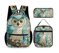 HETVBNS Owl Spring Flowers Turquoise Backpack Set 3 Piece, Durable Backpack Insulated Lunch Bag Portable Pencil Case for Men Women