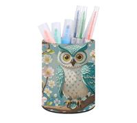 HETVBNS Owl Spring Flowers Turquoise Pen Holder for Desk PU Leather Round Desk Organizer Multifunctional Makeup Brush Storage Aesthetic Desktop Supplies Stylish Pencil Holder for Office & Home