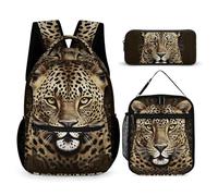 HETVBNS Patterned Leopard Head Backpack Set 3 Piece, Durable Backpack Insulated Lunch Bag Portable Pencil Case for Men Women