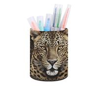 HETVBNS Patterned Leopard Head Pen Holder for Desk PU Leather Round Desk Organizer Multifunctional Makeup Brush Storage Aesthetic Desktop Supplies Stylish Pencil Holder for Office & Home