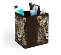 HETVBNS Patterned Leopard Head Pen Holder for Desk - PU Leather Square Desk Organizer Travel Makeup Brush Storage Stylish Pencil Holder Desktop Stationery Organizer for Office & Home