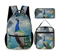 HETVBNS Peacock Backpack Set 3 Piece, Durable Backpack Insulated Lunch Bag Portable Pencil Case for Men Women