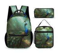 HETVBNS Peacock in Forest Backpack Set 3 Piece, Durable Backpack Insulated Lunch Bag Portable Pencil Case for Men Women