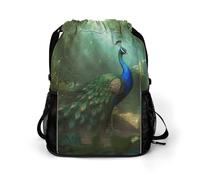 HETVBNS Peacock in Forest Drawstring Backpack, Dry Wet Separate Gym Bag Unisex Sports Drawstring Bag for Work, Fitness
