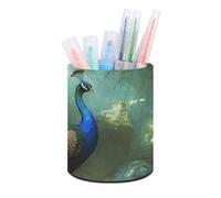 HETVBNS Peacock in Forest Pen Holder for Desk PU Leather Round Desk Organizer Multifunctional Makeup Brush Storage Aesthetic Desktop Supplies Stylish Pencil Holder for Office & Home