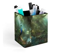 HETVBNS Peacock in Forest Pen Holder for Desk - PU Leather Square Desk Organizer Travel Makeup Brush Storage Stylish Pencil Holder Desktop Stationery Organizer for Office & Home