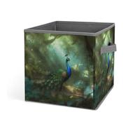HETVBNS Peacock in Forest Storage Bins 10.6 Inch, Oxford Fabric Foldable Storage Cube Organizer Basket with Handles, Fabric Bins for Closet Shelves, Toys, Clothes, Books, Bedroom