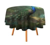 HETVBNS Peacock in Forest Tablecloth - Wrinkle & Stain Resistant, 70x70in Round Polyester Table Cloth, Elegant Decor Table Cover for Dining, Parties, Patio