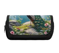 HETVBNS Peacock Pencil Case Extra Large, Double Layer Pencil Pouch with Zipper, Portable Cosmetic Bags for Travel, Office Stationery Organizer for Women Men