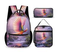 HETVBNS Phoenix Is Flying Backpack Set 3 Piece, Durable Backpack Insulated Lunch Bag Portable Pencil Case for Men Women