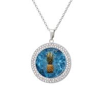 HETVBNS - Pineapple in the pool necklace, round alloy pendant with diamond, elegant pendant necklace for women men, Una talla, Metal, Alloy.