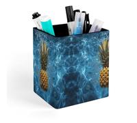 HETVBNS Pineapple in The Pool Pen Holder for Desk - PU Leather Square Desk Organizer Travel Makeup Brush Storage Stylish Pencil Holder Desktop Stationery Organizer for Office & Home