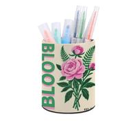 HETVBNS Pink Green Block Print Pen Holder for Desk PU Leather Round Desk Organizer Multifunctional Makeup Brush Storage Aesthetic Desktop Supplies Stylish Pencil Holder for Office & Home