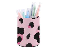HETVBNS Pink Leopard Pen Holder for Desk PU Leather Round Desk Organizer Multifunctional Makeup Brush Storage Aesthetic Desktop Supplies Stylish Pencil Holder for Office & Home