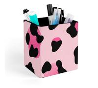 HETVBNS Pink Leopard Pen Holder for Desk - PU Leather Square Desk Organizer Travel Makeup Brush Storage Stylish Pencil Holder Desktop Stationery Organizer for Office & Home